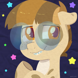 Size: 750x750 | Tagged: safe, artist:talim_stuff, derpibooru import, oc, oc only, earth pony, pony, blue background, braces, bust, ears, floppy ears, freckles, glasses, looking offscreen, nervous, nervous smile, round glasses, simple background, smiling, solo, stars, wavy mouth