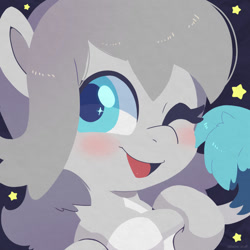 Size: 750x750 | Tagged: safe, artist:talim_stuff, derpibooru import, oc, oc only, earth pony, pony, blue background, blushing, bust, female, looking offscreen, mare, open mouth, open smile, simple background, smiling, solo, stars