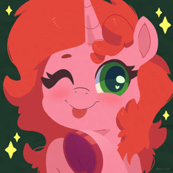 Size: 750x750 | Tagged: safe, artist:talim_stuff, derpibooru import, oc, oc only, pony, unicorn, :p, blushing, bust, female, frog (hoof), green background, heart, heart eyes, looking at you, mare, not pinkie pie, one eye closed, simple background, smiling, smiling at you, solo, sparkles, tongue, tongue out, underhoof, wingding eyes, wink, winking at you