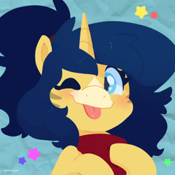 Size: 750x750 | Tagged: safe, artist:talim_stuff, derpibooru import, oc, oc only, oc:flash reboot, pony, unicorn, :p, blushing, bust, female, looking at you, mare, one eye closed, simple background, smiling, smiling at you, solo, stars, teal background, tongue, tongue out, wink, winking at you