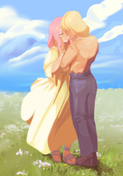 Size: 2206x3137 | Tagged: safe, artist:aztrial, derpibooru import, applejack, fluttershy, human, appleshy, boots, clothes, denim, dress, duo, duo female, eyes closed, female, field, grass, hand on face, high res, humanized, jeans, lesbian, mole, pants, sandals, shipping, shoes, smiling