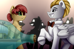 Size: 6150x4120 | Tagged: safe, artist:leon_zi, derpibooru import, oc, oc only, oc:hopeful prospectus, oc:nine-bells, earth pony, pegasus, commission, micro, party, ship, silhouettes, size difference, unaware