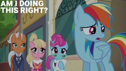 Size: 2000x1125 | Tagged: safe, derpibooru import, edit, edited screencap, editor:quoterific, screencap, bleeding heart, blue bobbin, rainbow dash, starke kragen, the saddle row review, sunglasses