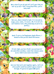 Size: 2048x2794 | Tagged: safe, derpibooru import, apple bloom, applejack, grand pear, granny smith, earth pony, pony, apple bloom's bow, applejack's hat, bow, clothes, cowboy hat, dialogue, dialogue box, english, event, female, gameloft, granny smith's shawl, hair bow, hat, implied bright mac, implied pear butter, male, mare, mobile game, my little pony: magic princess, official, scarf, shawl, speech bubble, stallion, text