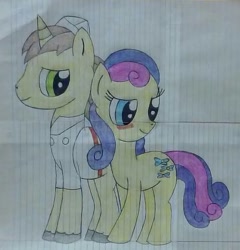 Size: 542x565 | Tagged: artist needed, safe, derpibooru import, bon bon, donut joe, sweetie drops, earth pony, pony, unicorn, blushing, bonjoe, clothes, female, lined paper, male, mare, shipping, stallion, straight, traditional art