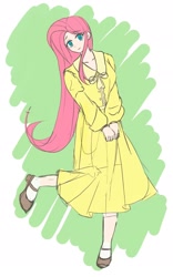 Size: 1200x1920 | Tagged: safe, anonymous artist, derpibooru import, fluttershy, human, clothes, dress, female, hands together, head tilt, humanized, looking at you, mary janes, raised leg, shoes, solo, standing, standing on one leg, yellow dress
