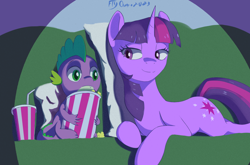 Size: 3250x2150 | Tagged: safe, artist:fly over, derpibooru import, spike, twilight sparkle, unicorn twilight, dragon, pony, unicorn, cute, drink, female, food, frightened, male, mare, night, pillow, popcorn, scared, smiling, wholesome