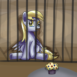Size: 1920x1920 | Tagged: safe, artist:platinumdrop, derpibooru import, derpy hooves, pegasus, pony, abuse, alone, commission, cruel and unusual punishment, crying, cute, derpybuse, female, food, imprisoned, jail cell, mare, muffin, open mouth, prisoner, raised hoof, raised leg, sad, sadorable, sitting, solo, table, tears of sadness, teary eyes, wings, wings down