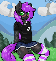 Size: 1280x1390 | Tagged: safe, artist:kilgorio, derpibooru import, oc, oc only, oc:lucy violetmane, anthro, earth pony, anthro oc, aseprite, clothes, denim, denim shorts, detailed background, earth pony oc, femboy, full body, green eyes, looking at you, male, pixel art, purple hair, shorts, socks, solo, stallion, striped socks, thigh highs