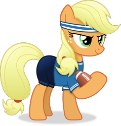 Size: 3858x4030 | Tagged: safe, artist:anime-equestria, derpibooru import, applejack, earth pony, american football, clothes, female, football, headband, holding, mare, ponytail, shorts, simple background, smiling, solo, sports, transparent background, vector