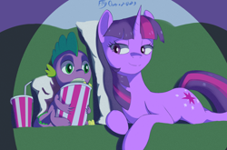 Size: 3250x2150 | Tagged: safe, artist:fly over, derpibooru import, spike, twilight sparkle, unicorn twilight, dragon, pony, unicorn, cute, drink, female, food, frightened, male, mare, night, pillow, popcorn, scared, smiling, wholesome