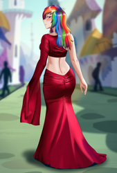 Size: 1384x2048 | Tagged: safe, artist:thebrokencog, derpibooru import, rainbow dash, human, backless, beautiful, butt, clothes, cog's glamour girls, commission, dress, elegant, female, gown, humanized, long sleeves, looking at you, looking back, looking back at you, looking over shoulder, midriff, rainbutt dash, red dress, smiling, smiling at you, solo, solo female, walking