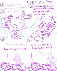 Size: 4779x6013 | Tagged: safe, artist:adorkabletwilightandfriends, derpibooru import, dumbbell, spike, twilight sparkle, twilight sparkle (alicorn), alicorn, comic:adorkable twilight and friends, adorkable, adorkable twilight, comic, cute, dork, exercise, exercise ball, exercise mat, happy, high angle, humor, lamp, looking at each other, looking at someone, lying down, mat, on back, perspective, poster, relaxing, resting, slice of life, smiling, smiling at each other, weights