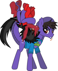 Size: 1822x2235 | Tagged: safe, artist:lightningbolt, derpibooru exclusive, derpibooru import, bat pony, original species, pony, snake, snake pony, .svg available, angry, annoyed, clothes, cobra starship, duo, duo male, ear fluff, ears, emo, fall out boy, fangs, folded wings, forked tongue, frown, gabe saporta, hair over one eye, holding, hood, hoodie, long sleeves, looking at each other, looking at someone, male, messy mane, messy tail, pete wentz, ponified, prehensile tail, scales, shirt, show accurate, simple background, slit eyes, snake tail, species swap, stallion, standing, svg, t-shirt, tail, transparent background, upside down, vector, wings
