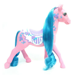 Size: 1000x1000 | Tagged: safe, derpibooru import, earth pony, g1, adorafair, blue mane, curly hair, curly mane, cute, dream beauties, eyeshadow, female, flower, long mane, makeup, mare, mayfair, photo, rose, saddle, solo, tack, toy