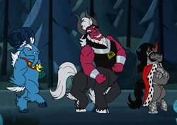 Size: 1414x1000 | Tagged: safe, artist:zetikoopa, derpibooru import, grogar, king sombra, lord tirek, anthro, centaur, sheep, taur, umbrum, unguligrade anthro, unicorn, dr. livesey walk, male, meme, ram, walking