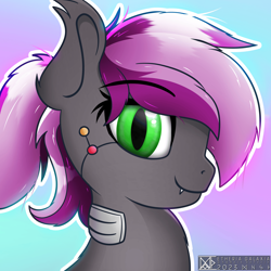 Size: 1914x1914 | Tagged: safe, artist:etheria galaxia, derpibooru import, oc, oc only, oc:bitwise operator, bat pony, cyborg, pony, ear tufts, fangs, looking at you, watermark