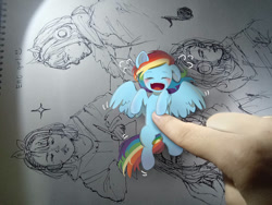 Size: 1032x774 | Tagged: safe, artist:marychristine08, derpibooru import, rainbow dash, human, pony, cute, dashabetes, hand, irl, irl human, laughing, lying down, photo, ponies in real life, solo, tickling