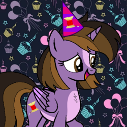 Size: 600x600 | Tagged: safe, artist:noikincade67, derpibooru import, oc, oc only, oc:princess kincade, alicorn, pony, birthday, female, happy, hat, party hat, solo