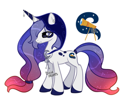 Size: 2000x1571 | Tagged: safe, artist:dixieadopts, derpibooru import, oc, oc:midnight star, pony, unicorn, beauty mark, body markings, colored hooves, colored horn, crescent moon, ear piercing, earring, ethereal mane, facial markings, female, gradient mane, gradient tail, hood, horn, horn jewelry, jewelry, mare, moon, multicolored horn, parent:oc, parent:princess luna, parents:canon x oc, piercing, simple background, solo, standing, starry mane, starry tail, tail, transparent background