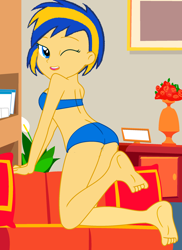 Size: 1856x2544 | Tagged: safe, artist:mlpfan3991, derpibooru import, oc, oc only, oc:flare spark, human, equestria girls, ass, barefoot, bikini, bikini bottom, butt, clothes, desk, feet, female, flower, furniture, indoors, legs, looking at you, one eye closed, open mouth, plant, pose, sexy, sofa, solo, swimsuit, vase, wink, winking at you