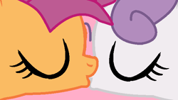 Size: 587x330 | Tagged: safe, artist:jadeharmony, artist:princess-kitsune-tsu, derpibooru import, scootaloo, sweetie belle, pegasus, pony, unicorn, base used, duo, eyes closed, female, filly, foal, lesbian, pink background, scootabelle, shipping, simple background