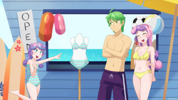 Size: 1200x675 | Tagged: safe, artist:riouku, derpibooru import, princess flurry heart, spike, sweetie belle, human, beach, bikini, clothes, commission, commissioner:vatobot17, female, humanized, male, older, older flurry heart, older spike, older sweetie belle, one-piece swimsuit, pouting, shipping, spikebelle, straight, swimsuit, uncle spike, yellow bikini