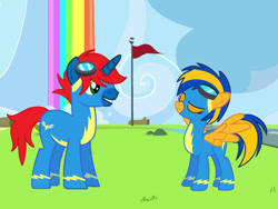 Size: 828x621 | Tagged: safe, artist:ry-bluepony1, derpibooru import, oc, oc only, oc:flare spark, oc:train track, pegasus, pony, unicorn, clothes, female, goggles, goggles on head, male, smiling, uniform, wings, wonderbolts, wonderbolts headquarters, wonderbolts uniform