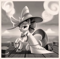 Size: 2048x2017 | Tagged: safe, alternate version, artist:brdte, derpibooru import, rarity, pony, unicorn, black and white, clothes, dock, dress, ear piercing, earring, female, grayscale, hat, high res, jewelry, lidded eyes, looking at you, mare, monochrome, ocean, open mouth, open smile, photo, pier, piercing, raised hoof, raised leg, raristocrat, rose dewitt bukater, smiling, smiling at you, solo, tail, titanic, water