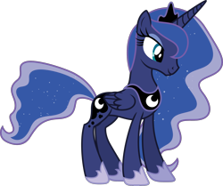 Size: 2000x1673 | Tagged: safe, derpibooru import, princess luna, alicorn, pony, .svg available, clothes, concave belly, crown, ethereal mane, ethereal tail, female, folded wings, hoof shoes, jewelry, long mane, mare, official, peytral, princess shoes, quadrupedal, regalia, shoes, simple background, slim, smiling, solo, standing, starry mane, starry tail, svg, tail, thin, tiara, transparent background, vector, wings