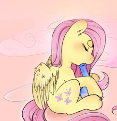 Size: 2500x2580 | Tagged: safe, artist:kocobunnyy, derpibooru import, fluttershy, pegasus, pony, g4, bong, drug use, drugs, eyes closed, female, flutterhigh, high, mare, sitting, solo, stoned, tail, wings
