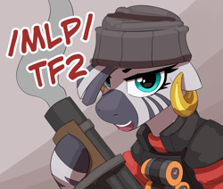 Size: 3000x2540 | Tagged: safe, artist:pabbley, derpibooru import, zecora, zebra, /mlp/ tf2 general, demoman, demozecora, ear piercing, earring, female, grenade, grenade launcher, jewelry, piercing, solo, team fortress 2, text, weapon