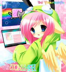 Size: 873x955 | Tagged: safe, artist:bonnybel_, derpibooru import, fluttershy, anthro, human, anime style, antonymph, clothes, computer, cute, eared humanization, fluttgirshy, gir, hoodie, humanized, invader zim, laptop computer, looking at you, looking back, looking back at you, nyan cat, open mouth, open smile, shyabetes, smiling, solo, spread wings, winged humanization, wings