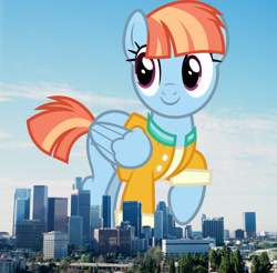 Size: 996x981 | Tagged: safe, artist:starryshineviolet, derpibooru import, edit, editor:jaredking779, windy whistles, pegasus, pony, attack on pony, california, clothes, female, folded wings, giant pony, giantess, highrise ponies, irl, jacket, los angeles, macro, mare, photo, ponies in real life, shirt, smiling, solo, story included, wings