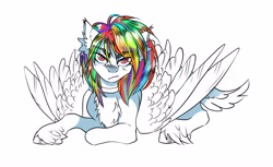 Size: 3747x2291 | Tagged: safe, artist:opalacorn, derpibooru import, oc, oc only, pegasus, pony, angry, commission, frown, furrowed brow, looking at you, lying down, multicolored hair, partially open wings, prone, rainbow hair, scowl, simple background, solo, white background, wings