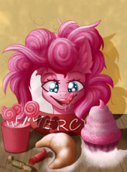 Size: 800x1080 | Tagged: safe, artist:wailks, derpibooru import, pinkie pie, earth pony, pony, fallout equestria, bread, candy, cover art, croissant, cupcake, drool, ear fluff, ears, eyebrows, fanfic art, female, food, licking, licking lips, lollipop, mare, messy mane, ministry mares, ministry of morale, raised eyebrow, raised eyebrows, salivating, smiling, solo, tongue, tongue out