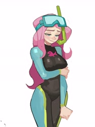 Size: 5004x6657 | Tagged: source needed, safe, artist:hyung7754, derpibooru import, fluttershy, human, equestria girls, absurd resolution, breasts, clothes, dive mask, female, fluttershy's wetsuit, goggles, hootershy, looking down, simple background, snorkel, solo, swimsuit, wetsuit, white background