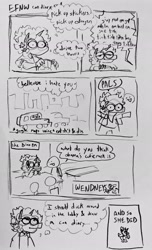 Size: 1244x2048 | Tagged: safe, artist:punkittdev, derpibooru import, oc, oc:star magnolia, anthro, human, unicorn, car, comic, dialogue, grayscale, monochrome, sketch, speech bubble, thought bubble, traditional art