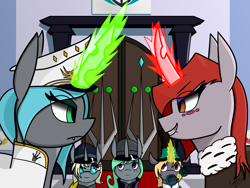 Size: 4160x3120 | Tagged: safe, artist:carolus rex, derpibooru import, queen chrysalis, oc, oc:queen argynnis, oc:queen aurantia, oc:queen helvia, oc:queen yaria, changeling, changeling queen, equestria at war mod, changeling queen oc, clothes, female, fur coat, glasses, hat, magic, top hat, uniform, uniform hat