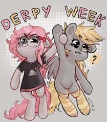 Size: 1252x1428 | Tagged: safe, artist:krista-21, derpibooru import, derpy hooves, oc, earth pony, pegasus, pony, :3, bipedal, clothes, cute, derpabetes, duo, female, glasses, holding hooves, mare, question mark, raised hoof, raised leg, round glasses, shirt, socks, striped socks, t-shirt, text