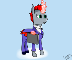 Size: 2100x1760 | Tagged: safe, artist:carolus rex, derpibooru import, oc, oc only, changeling, briefcase, business suit, changeling oc, clothes, magic, male, simple background, solo