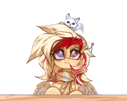 Size: 4096x3254 | Tagged: safe, artist:jfrxd, derpibooru import, oc, oc only, oc:kyra, fox, pegasus, pony, clothes, female, heterochromia, high res, looking up, mare, pegasus oc, pet, scarf, simple background, smiling, solo, striped scarf, white background, wings