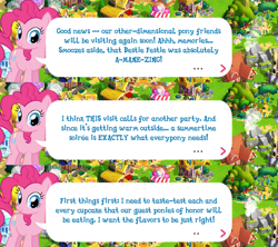 Size: 2048x1815 | Tagged: safe, derpibooru import, pinkie pie, earth pony, pony, dialogue, dialogue box, english, event, female, gameloft, mare, mobile game, my little pony: magic princess, official, speech bubble, text