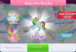 Size: 1262x861 | Tagged: safe, derpibooru import, idw, moonstone, parasol (g1), sunlight (g1), earth pony, pony, unicorn, g1, g4, bow, bundle, collection, costs real money, english, female, gameloft, group, horn, idw showified, mare, mobile game, my little pony: magic princess, numbers, official, tail, tail bow, text