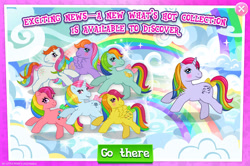 Size: 1958x1299 | Tagged: safe, derpibooru import, idw, confetti (g1), moonstone, parasol (g1), skydancer, sunlight (g1), tickle (g1), windy (g1), earth pony, pegasus, pony, unicorn, g1, g4, adorabledancer, adoralight, advertisement, bow, collection, confettibetes, cute, english, female, g1 adorastone, g1 paracute, g1 windybetes, gameloft, group, horn, idw showified, mare, mobile game, my little pony: magic princess, official, spread wings, tail, tail bow, text, ticklebetes, wings