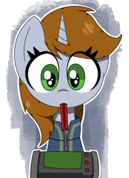 Size: 1528x2105 | Tagged: safe, artist:pizzahutjapan, derpibooru import, oc, oc:littlepip, pony, unicorn, fallout equestria, female, mare, mouth hold, pipbuck, screwdriver, solo