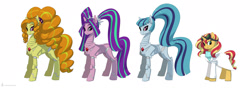 Size: 2264x800 | Tagged: safe, artist:carnifex, derpibooru import, adagio dazzle, aria blaze, sonata dusk, sunset shimmer, pony, robot, robot pony, unicorn, alternate universe, clothes, fanfic art, goggles, goggles on head, line-up, roboticization, simple background, smiling, sweater, the dazzlings, turtleneck, white background