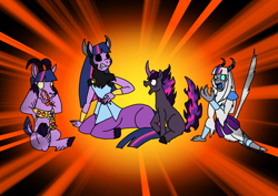 Size: 1414x1000 | Tagged: safe, artist:zetikoopa, derpibooru import, twilight sparkle, centaur, sheep, taur, umbrum, unicorn, centaurified, female, flexible, group, mare, multeity, sparkle sparkle sparkle, species swap, splits, storm creature, surprised