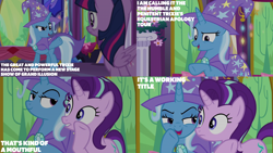 Size: 2000x1125 | Tagged: safe, derpibooru import, edit, edited screencap, editor:quoterific, screencap, starlight glimmer, trixie, twilight sparkle, twilight sparkle (alicorn), alicorn, pony, unicorn, no second prances, twilight's castle