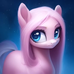 Size: 1024x1024 | Tagged: safe, ai content, derpibooru import, generator:purplesmart.ai, generator:stable diffusion, machine learning generated, pinkie pie, oc, oc only, earth pony, pony, blue eyes, detailed, ear fluff, ears, night, pink hair, pink mane, pinkamena diane pie, smiling, solo, sparkles, stars